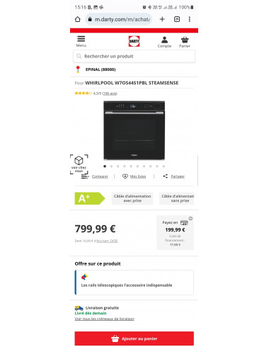 Four vapeur encastrable WHIRLPOOL W7OS44S1PBL