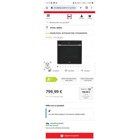 Four vapeur encastrable WHIRLPOOL W7OS44S1PBL