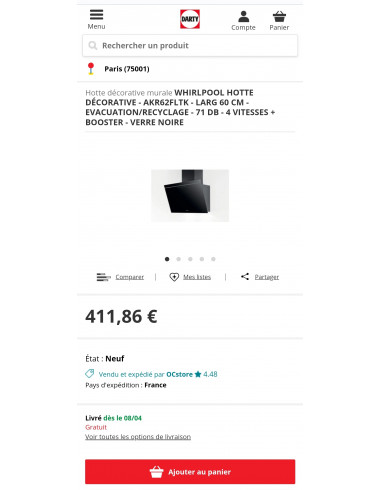 Hotte inclinée WHIRLPOOL AKR62FLTK