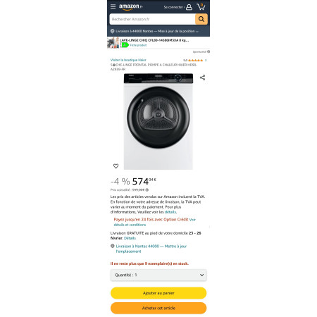 Sèche linge pompe à chaleur HAIER HD90-A2939-FR