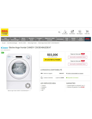 Sèche linge pompe à chaleur CANDY CSOEH8A2DE47