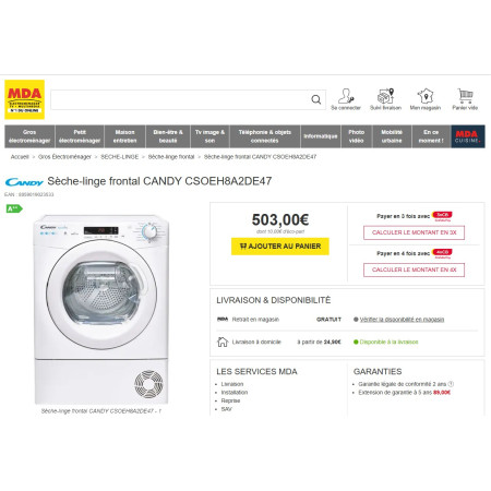 Sèche linge pompe à chaleur CANDY CSOEH8A2DE47