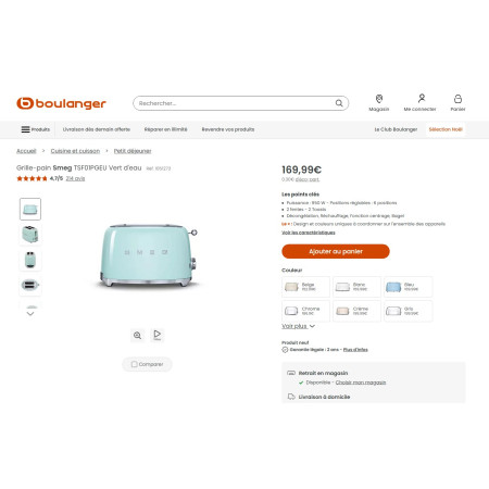 Toaster / Grille-pain 2 tranches RETRO Années 50 SMEG TSF01