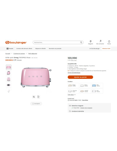 Toaster / Grille-pain 2 tranches RETRO Années 50 SMEG TSF01