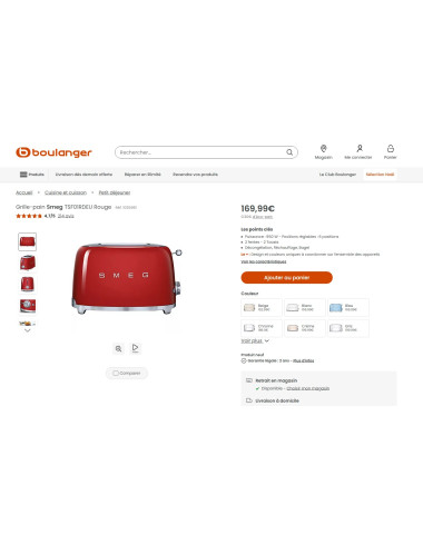 Toaster / Grille-pain 2 tranches RETRO Années 50 SMEG TSF01