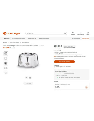 Toaster / Grille-pain 4 fentes RETRO Années 50 SMEG TSF03