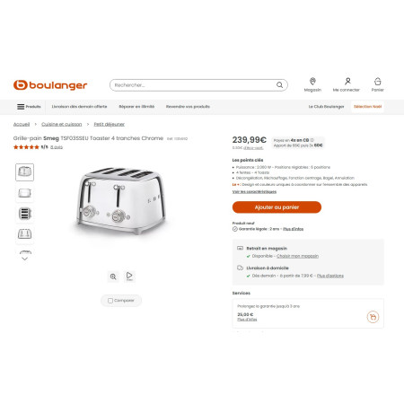 Toaster / Grille-pain 4 fentes RETRO Années 50 SMEG TSF03
