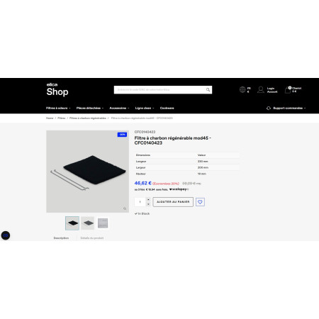 Filtre à charbon régénérable 200x230x10mm ELICA KIT0161380, CFC0009035, CFC0047652, CFC0140423, CFC0140426, F00431, F00431/S