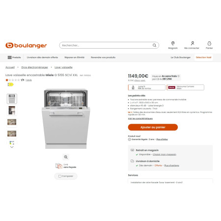Lave vaisselle encastrable MIELE G 5155 SCVi XXL