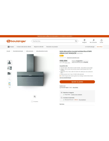 Hotte inclinée ELICA STRIPE URBAN CAST IRON/A/90