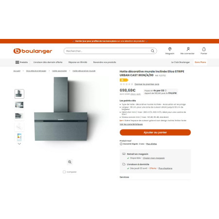 Hotte inclinée ELICA STRIPE URBAN CAST IRON/A/90