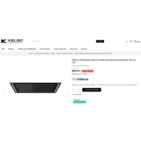 Hotte plafond AIRFORCE SILHOUETTE EASY UP NOIRE