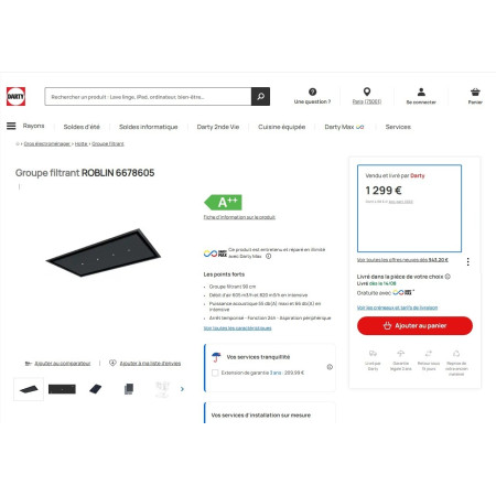 Hotte plafond ROBLIN AQUA 900 NOIR