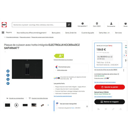 Plaque induction avec hotte intégrée ELECTROLUX KCC83443CZ