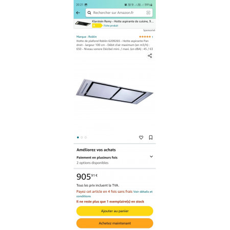 Hotte plafond ROBLIN CONFIDENCE 1000 INOX EXPO