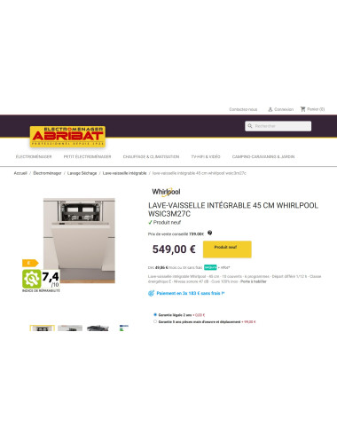 Lave vaisselle encastrable WHIRLPOOL WSIC3M27C