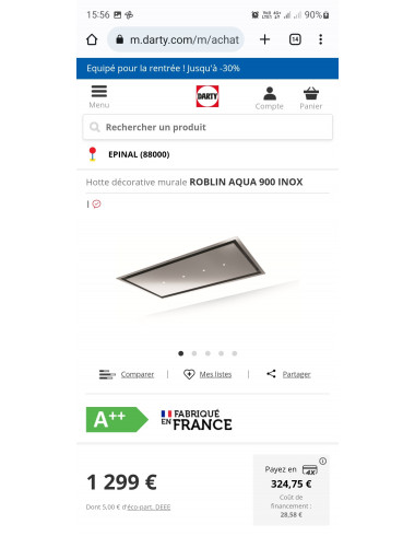 Hotte plafond ROBLIN AQUA 900 INOX