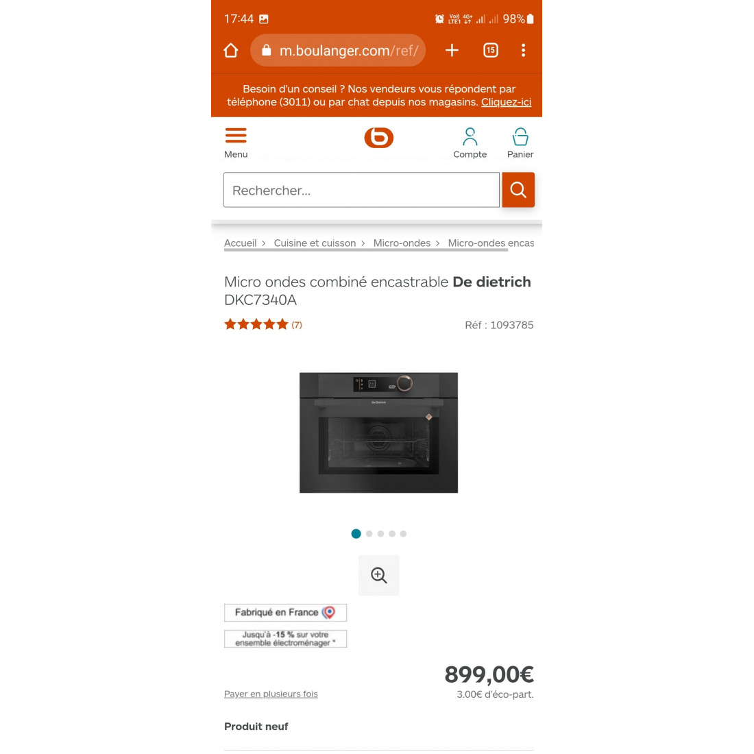 Four microondes encastrable DE DIETRICH DKC7340A