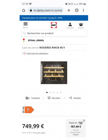 Cave à vin encastrable ROSIERES RWCB45/1